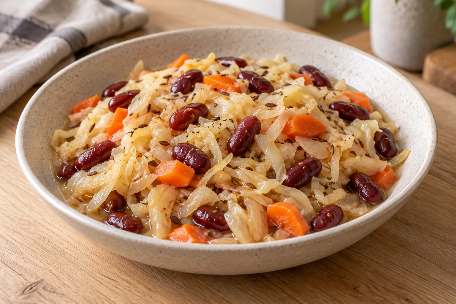Капуста с фасолью, морковью, луком и тмином; кулинарная иллюстрация