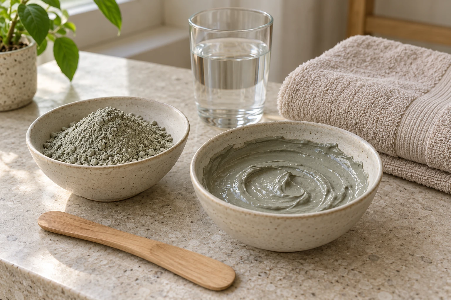 Иллюстрация порошка глины, воды и приготовленной массы; условный продукт