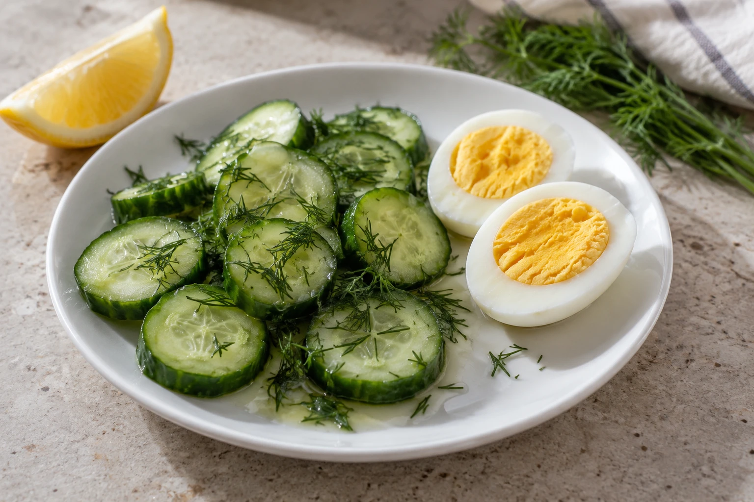 Огуречный салат с укропом и варёное яйцо, иллюстрация завтрака