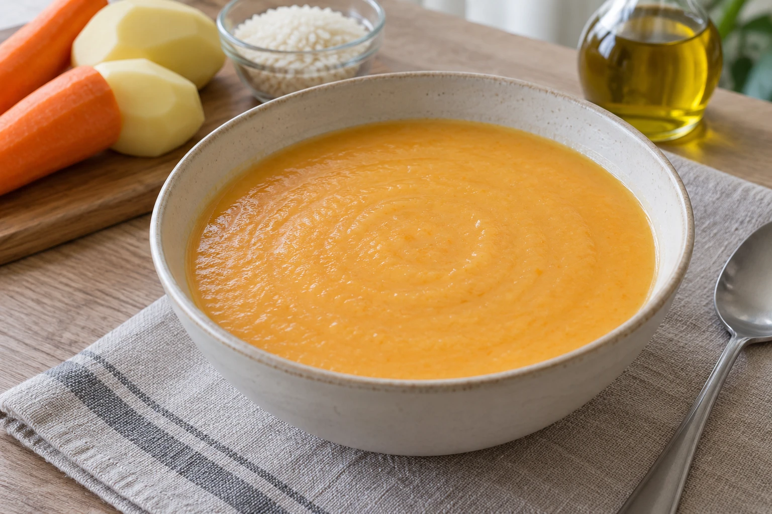 Протёртый суп из риса, картофеля и моркови, иллюстрация части обеда
