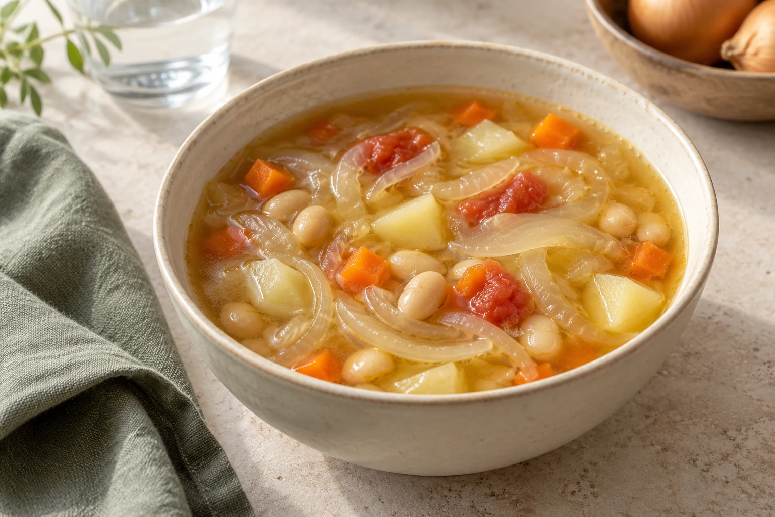 Луковый суп с белой фасолью, картофелем, морковью и томатом; кулинарная иллюстрация