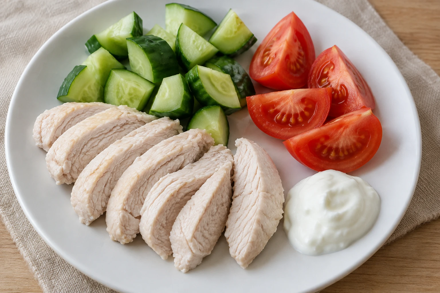 Курица с сырыми огурцами, помидорами и йогуртом; кулинарная иллюстрация