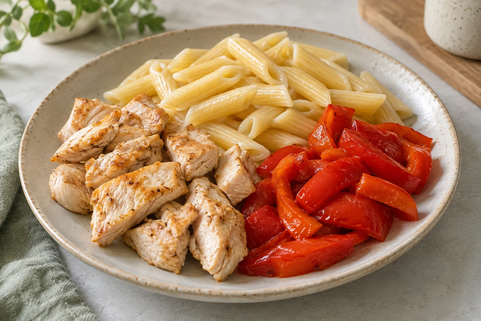 Иллюстрация курицы с обычными макаронами и сладким перцем