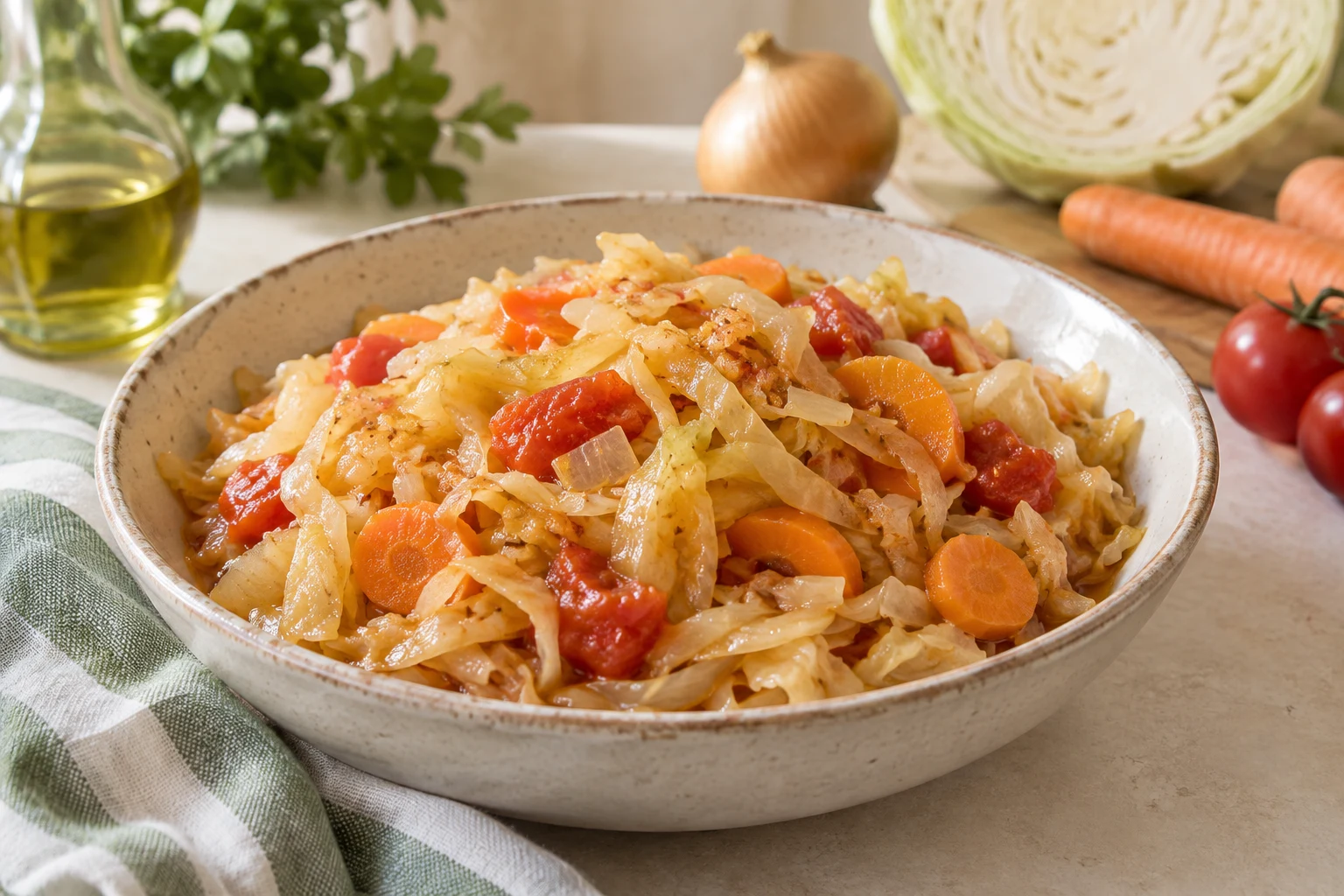 Капуста, тушённая с морковью, луком и томатами