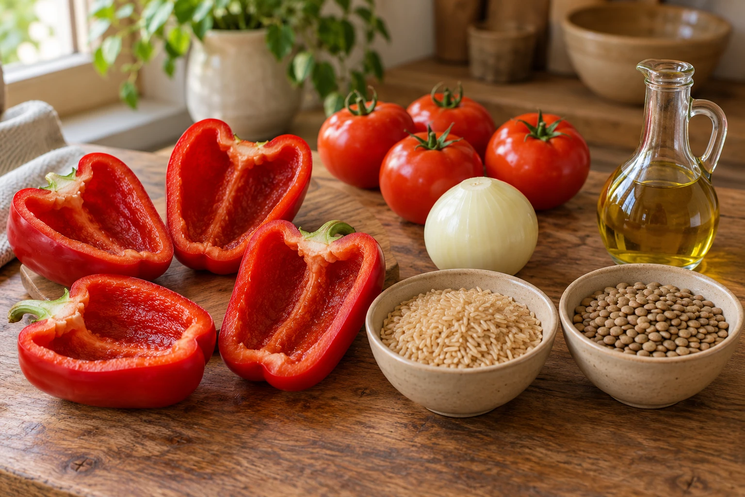 Красный перец, томаты, лук, сухие рис и чечевица, масло: продукты для начинки, иллюстрация до подготовки